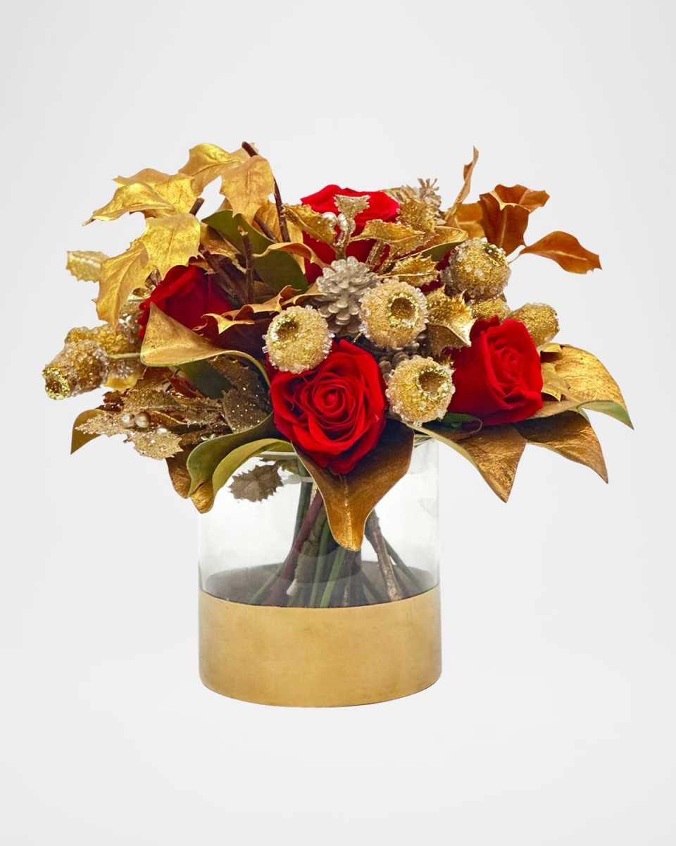 Roses & Golden Pods 12" Faux Floral Arrangement in Glass Cylinder